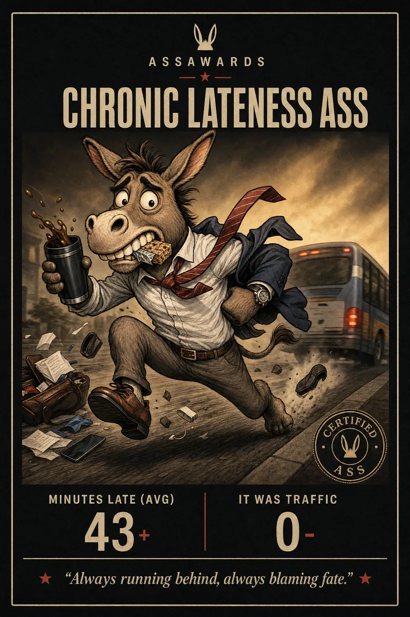 Chronic Lateness Ass certified ass award title card