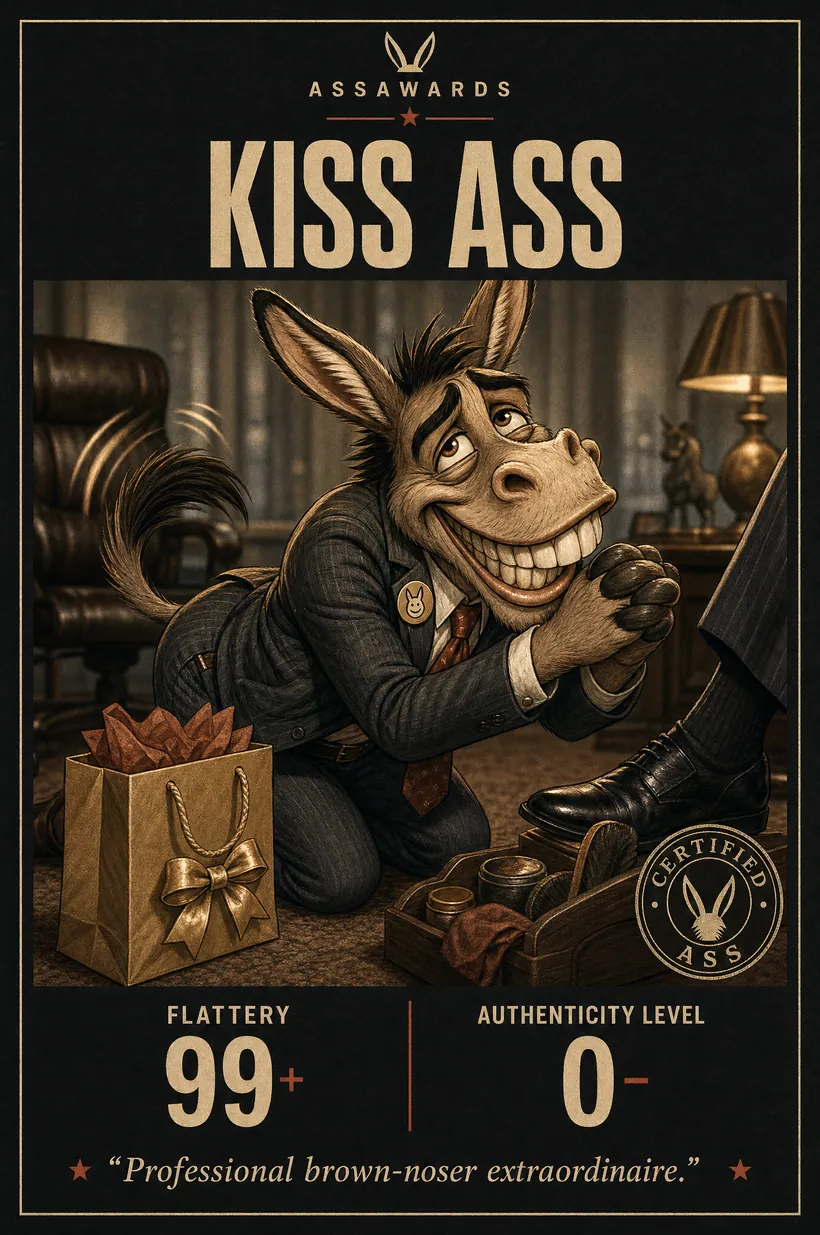 Kiss Ass certified ass award title card